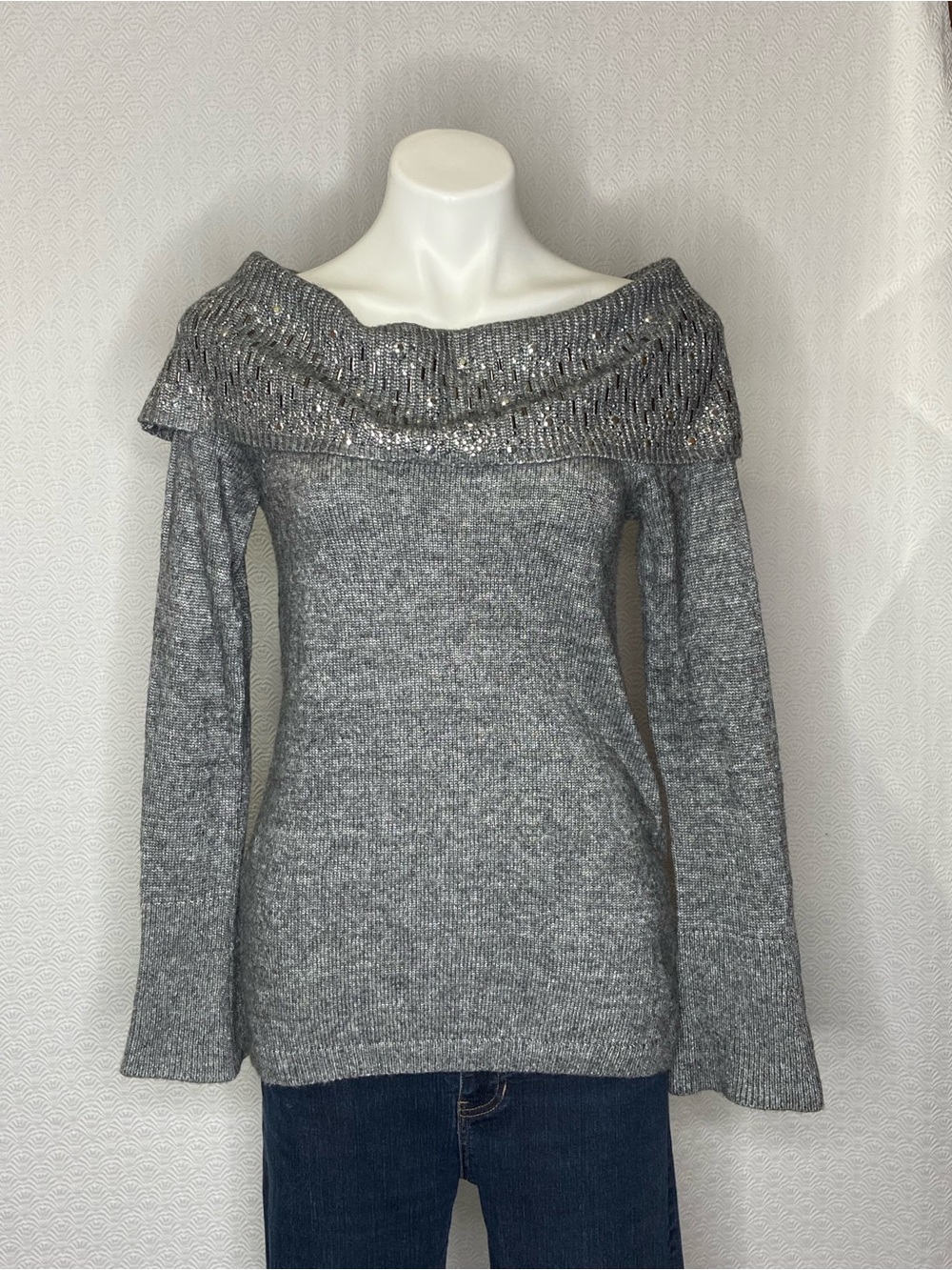 WHITE HOUSE BLACK MARKET Off The Shoulder Sweater Rhinestones Ling Sleeve Gray S